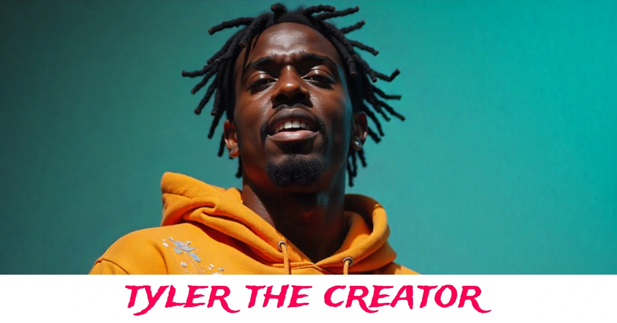 Tyler the creator performing live with microphone and vibrant stage lighting.