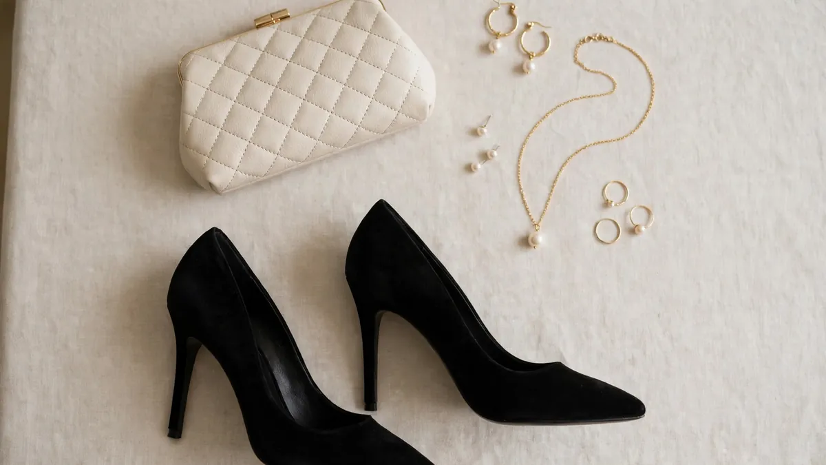 Block heel shoes and a small clutch for evening