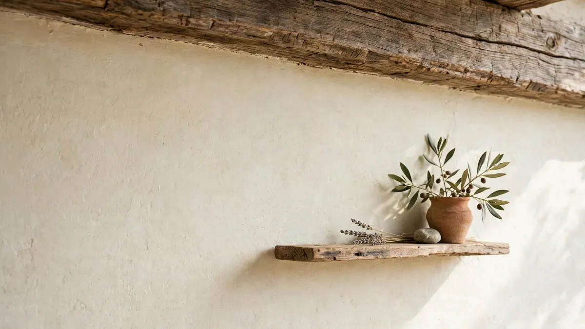 Wooden beams and a lime-washed wall in a cottage room