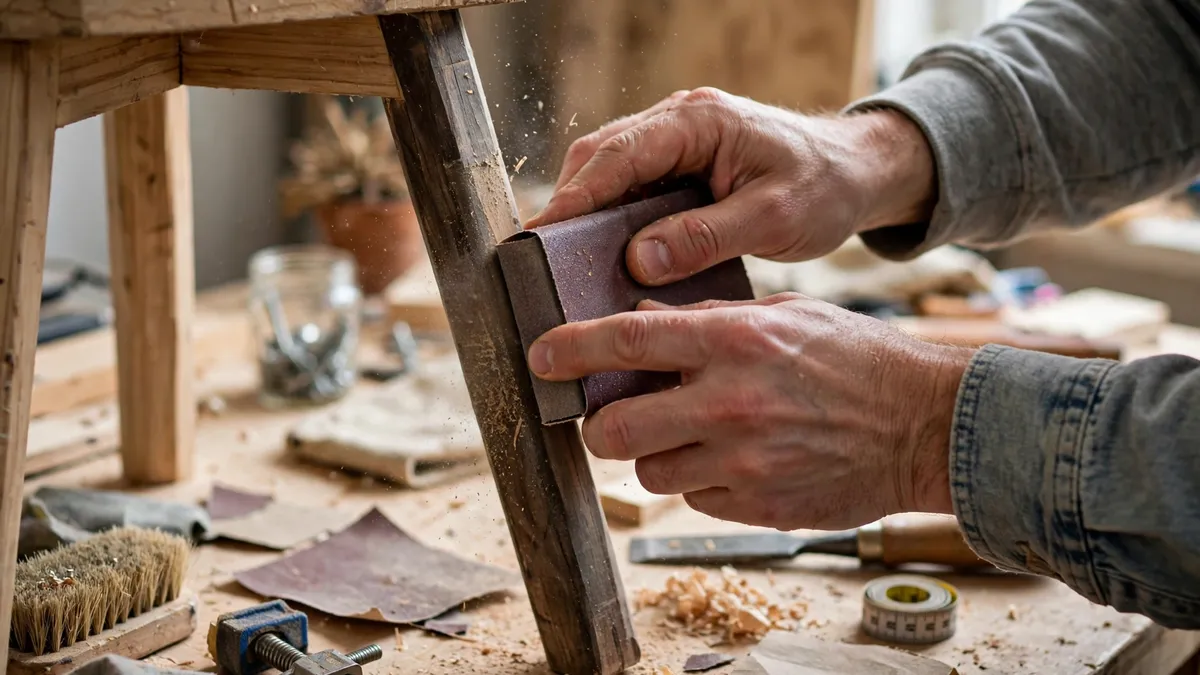 Hands sanding a wooden stool for a cottage room repair