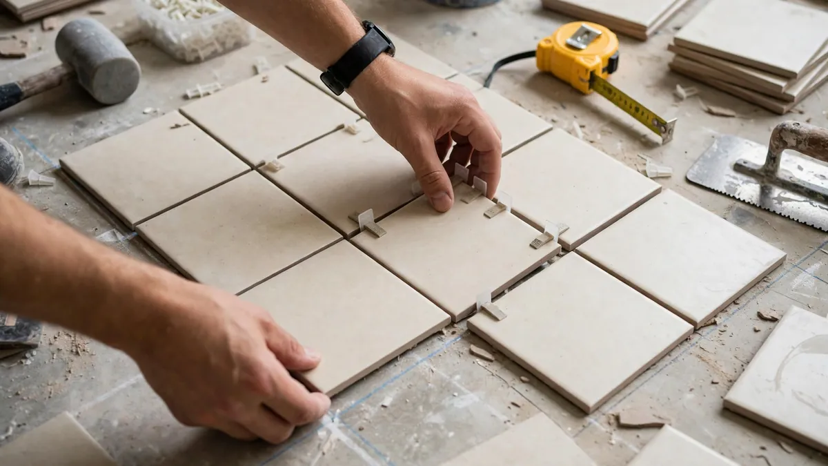 Hands planning a tile layout by dry laying tiles on a floor