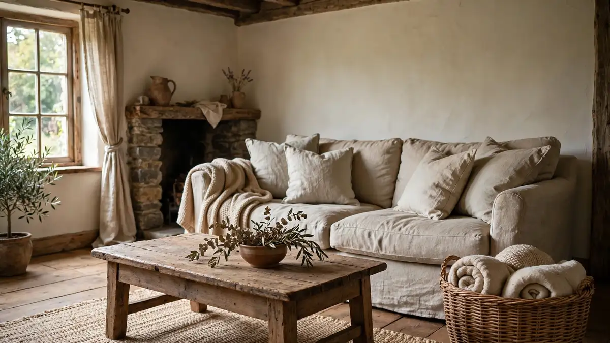Rustic cottage living room with a linen sofa and wooden table