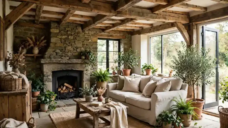 Rustic farmhouse cottage interiors UK with wooden beams and a stone fireplace