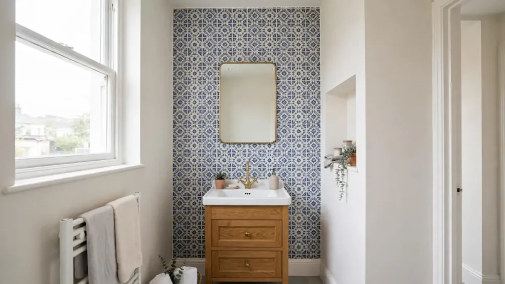 Statement tiles bathroom ideas UK with a patterned feature wall