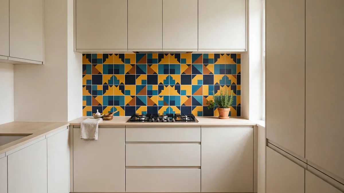 Bold tiles on a small kitchen splashback behind a hob